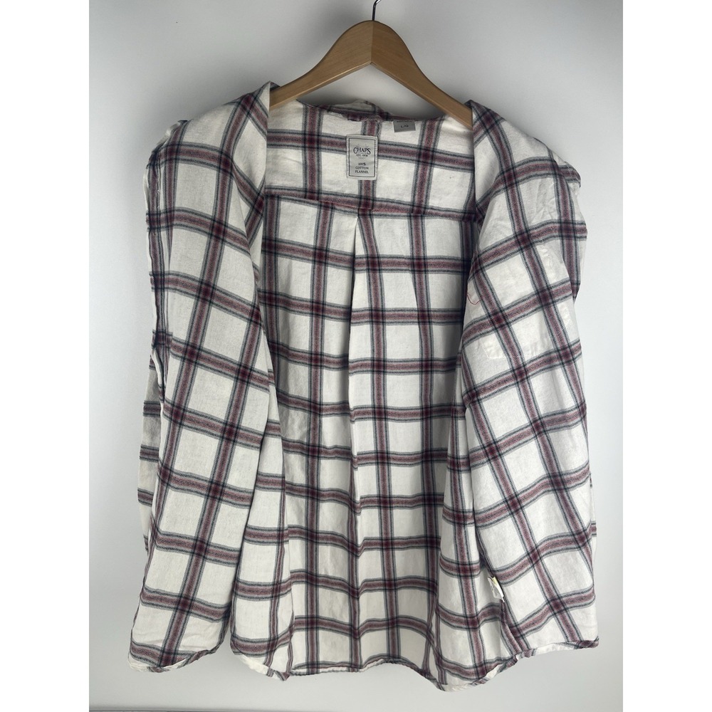 Chaps Shirt Men's Size L White And Red 100% Cotton Long Sleeve Button Up Plaid - Picture 4 of 7